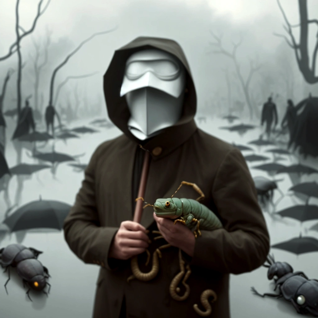 sharpened man with a mask holding an umbrella and a lizard, surreal photography, perfectly realistic, more surreal, beetle. Hyper-Realism, surreal style, hyperrealistic surrealism, surrealist photography, extremely realistic photo, unsplash contest winning photo, photo Alexei Gurylev, lord beast, highly realistic photo, [ trends at CGsociety ]!!, inspired by national geography