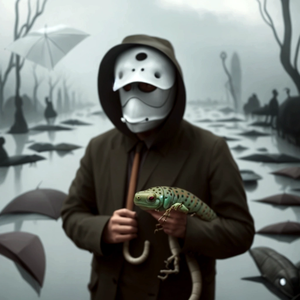 sharpened man with a mask holding an umbrella and a lizard, surreal photography, perfectly realistic, more surreal, beetle. Hyper-Realism, surreal style, hyperrealistic surrealism, surrealist photography, extremely realistic photo, unsplash contest winning photo, photo Alexei Gurylev, lord beast, highly realistic photo, [ trends at CGsociety ]!!, inspired by national geography
