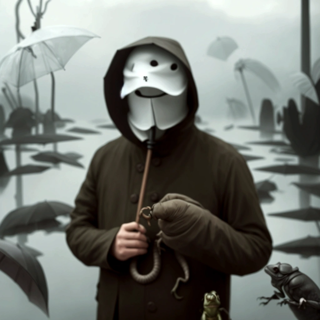 sharpened man with a mask holding an umbrella and a lizard, surreal photography, perfectly realistic, more surreal, beetle. Hyper-Realism, surreal style, hyperrealistic surrealism, surrealist photography, extremely realistic photo, unsplash contest winning photo, photo Alexei Gurylev, lord beast, highly realistic photo, [ trends at CGsociety ]!!, inspired by national geography