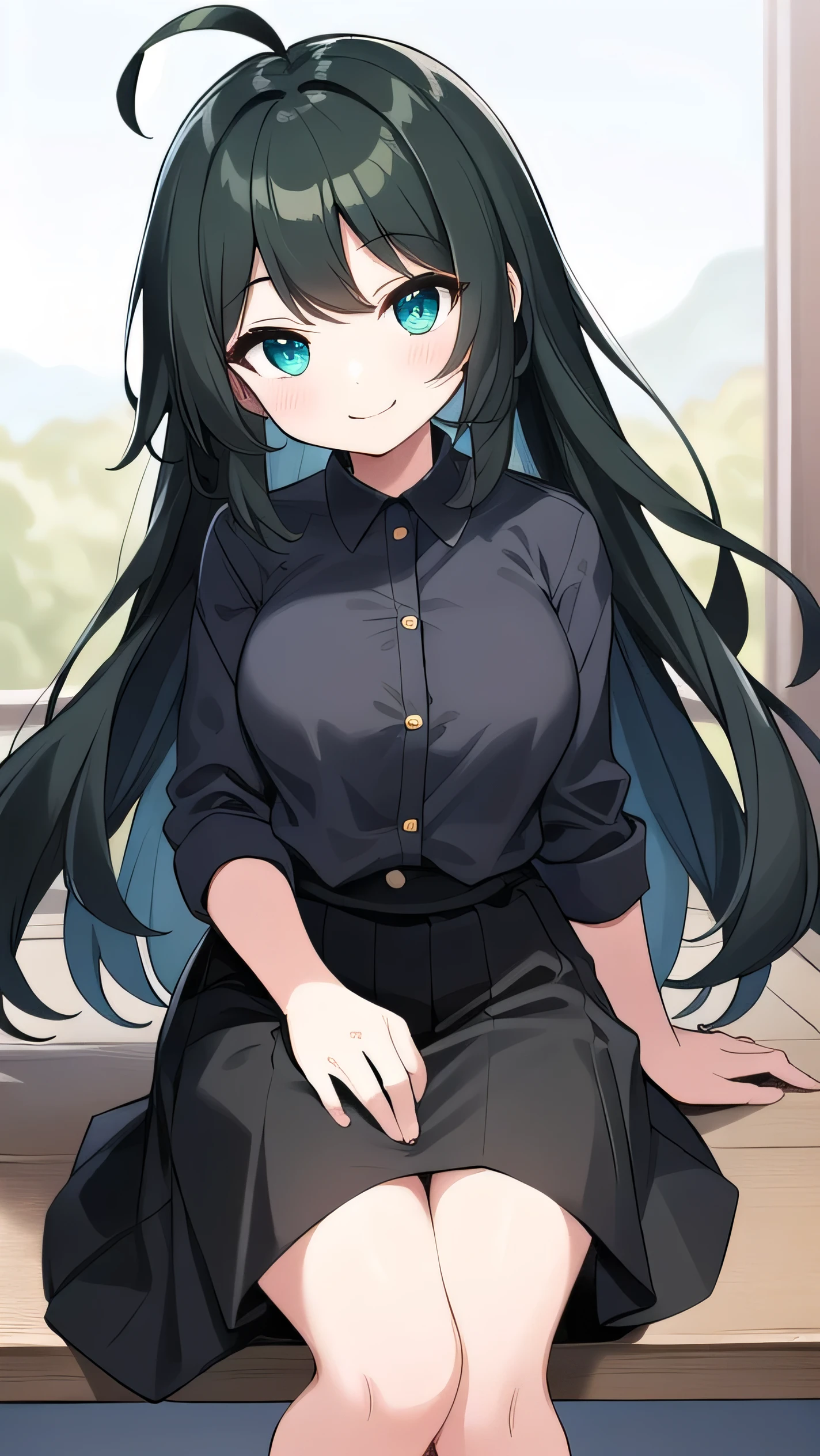  high schoolooks like an elementary school st short, 140 cm tall, black slight green tinge, short ahoge, beautiful long hair but with a little hair sticking out, beautiful round eyes, blue eyes, smile, boyish, long sleeves, Thick clothes, skirt, big breasts, hair longer than waist, long hair, childish face, gentle smile, a little shy, black skirt, black hair with a slight green tinge, boyish, gentle smile, jacket one size larger, ( Deep greenish black hair: 1.3)