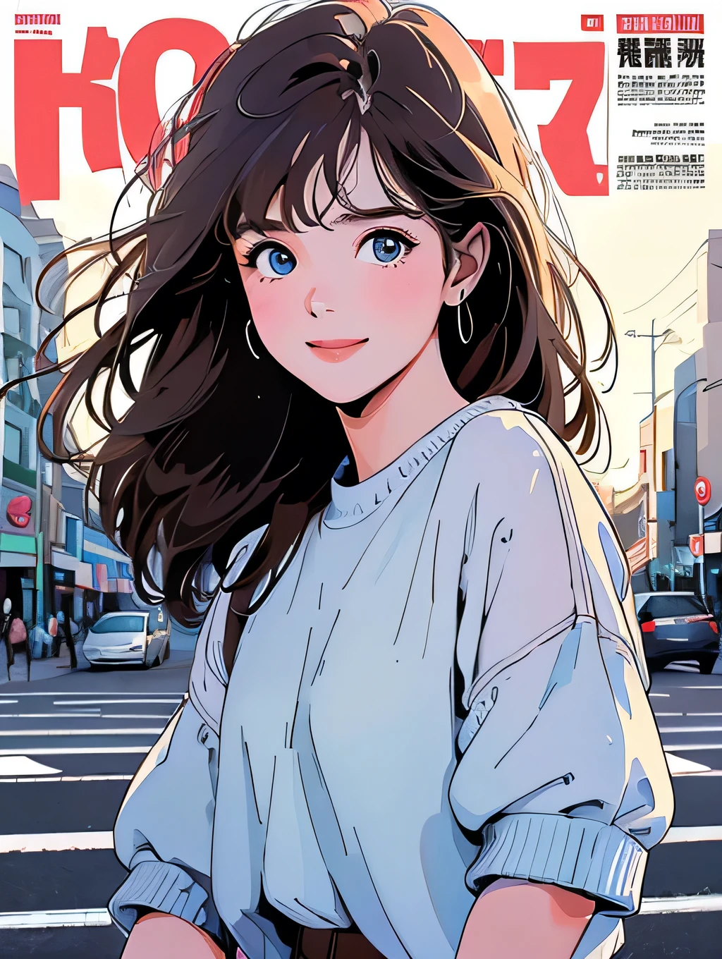 whole body、Upper Body、1 pretty woman、4k、White short-sleeved sweater、pedestrian crossing、Signal 、intersection、Complex background、Detailed Hair、smile、Blue Eyes、Light brown hair, with a cute otter, magazine cover, city, signal.