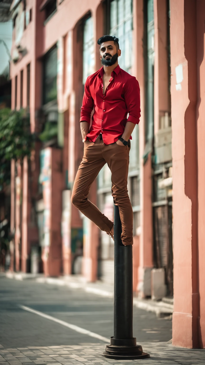 there is a man standing on a pole in front of a building, full body photogenic shot, with a cool pose, very artistic pose, stylish pose, candid picture, full body picture, cool pose, taken with sony alpha 9, red shirt brown pants, mohamed chahin style, wearing a dark shirt and jeans, very cool pose, dressed with long fluent clothes