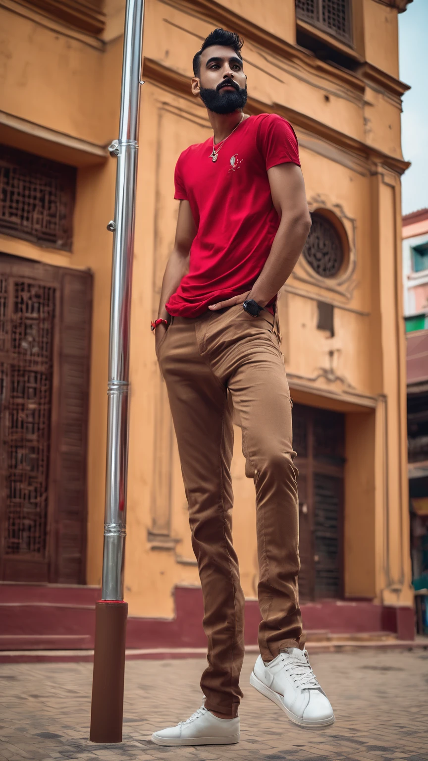 there is a man standing on a pole in front of a building, full body photogenic shot, with a cool pose, very artistic pose, stylish pose, candid picture, full body picture, cool pose, taken with sony alpha 9, red shirt brown pants, mohamed chahin style, wearing a dark shirt and jeans, very cool pose, dressed with long fluent clothes