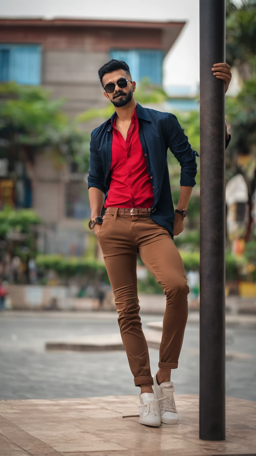 there is a man standing on a pole in front of a building, full body photogenic shot, with a cool pose, very artistic pose, stylish pose, candid picture, full body picture, cool pose, taken with sony alpha 9, red shirt brown pants, mohamed chahin style, wearing a dark shirt and jeans, very cool pose, dressed with long fluent clothes
