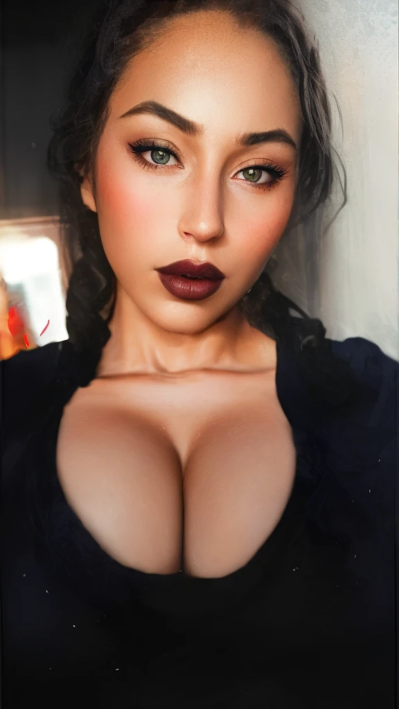 a woman with big breasts and a black top, neckline, full lips, super sexy woman, realist, fotorrealist, high quality, detailed, cinematic, dramatic lighting, chiaroscuro, sensual, elegant, beautiful, seductive, striking pose, loose hair,  glare, perfect skin, luxurious fabrics, composición cinematic, dramatic shadows, warm tones, rich colors
