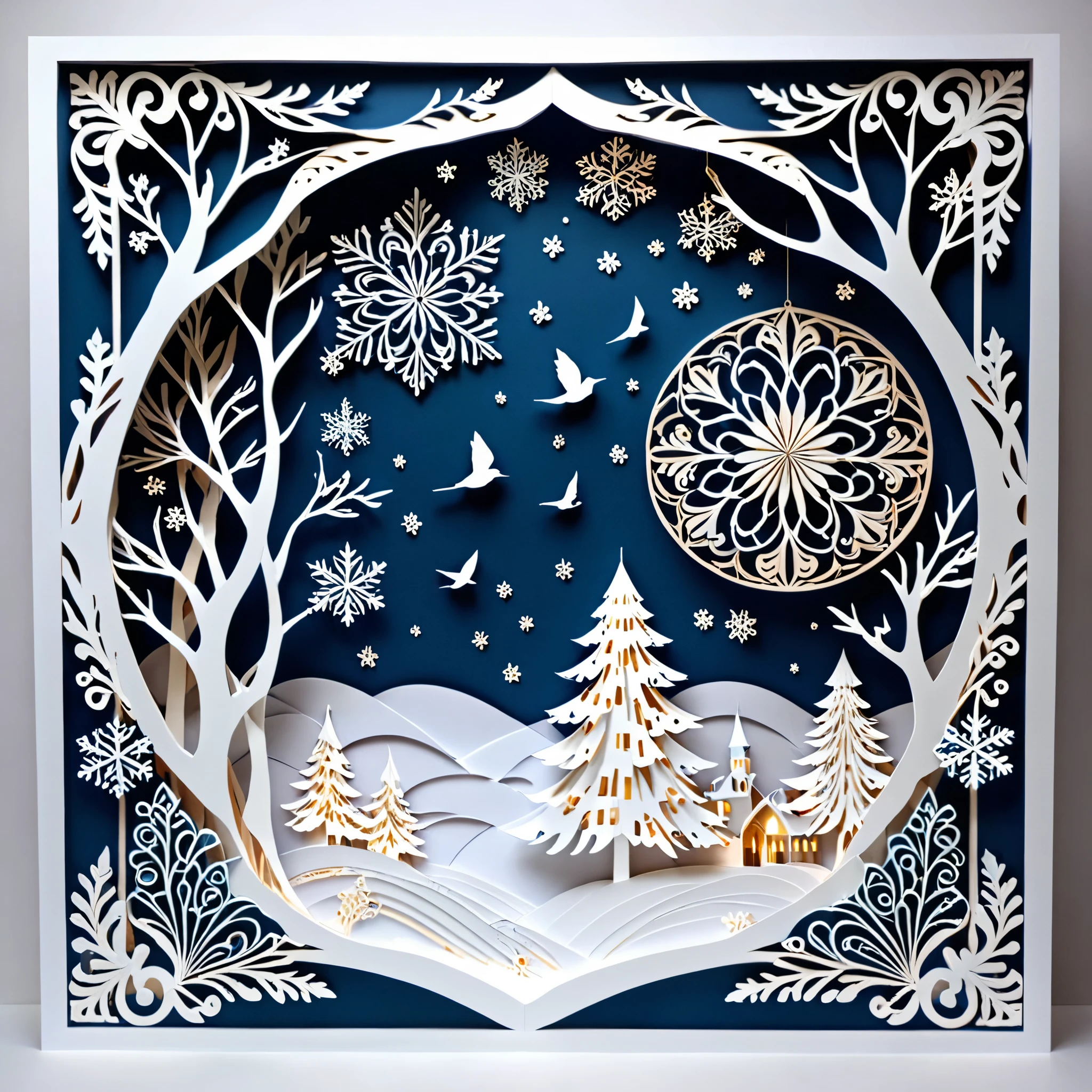 Create a detailed paper cutout artwork depicting a scene that combines snow with intricate patterns. The scene should include delicate snowflakes falling gently, each flake featuring unique and elaborate patterns. The background should incorporate swirling designs and geometric shapes that complement the snowflakes, creating a seamless blend between the natural and the abstract. The artwork should evoke a sense of tranquility and beauty, capturing the serene and intricate nature of snow and patterns. The overall mood should be elegant and peaceful, highlighting the delicate artistry of winter through detailed design.