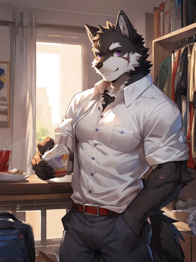 Wearing a white shirt、Anime style image of a man wearing a wolf mask, (SFW) Work, fursona wearing fashionable clothes, Anthropology Art, High resolution commissions, pov Furry Art, Total commission, Furry Art, professional furry, Furry wolf, very very beautiful Furry Art, Furry Artist, Anthropomorphic wolves, Office Clothing