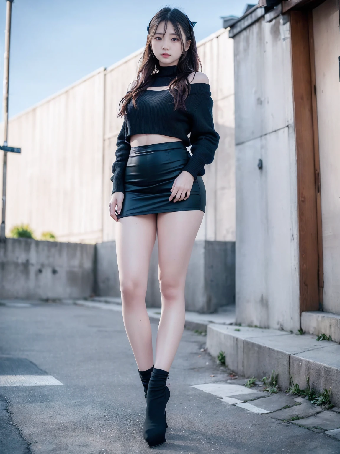 (Please take a picture from the front.), (8K), (Highest quality: 1.5), (Realistic: 1.1), Ultra-high resolution, Very detailed, Golden Ratio, (背のexpensive日本人の女子高生2人), 24-years-old, F Cup Big, Two Sisters, (Full body photo), Very cute face, (Angry with a super cute face, Angry face, Overlooking here, Please put your hands on your hips, Stand with your feet shoulder-width apart, (very wide thighs), (plump legs), (She always wears black stockings),Simple uniforms, The sisters wear the same uniform., (Wearing a black Japanese uniform),
High angle shot, Street Snap, Standing in the neon city at midnight, woman(expensive)There are three gals, (Three Girls), Amazingly cute, Japanese blonde hair, blonde hair, short hair, hairband, glaring, furrowed brow, makeup, grimace, scowl, Surrealism, first-person view, first-person view, Wide-Angle, uhd, anatomically correct, super detail, 16K, タイトスカートとタイトな黒ストッキングをはいたwomanの全身撮影, Off-the-shoulder long-sleeve knit, Accentuate your cleavage, Exposing your belly, Black mini skirt, Korean girl, ( Ivory Black ), Choi Hong-hwa, Lee Ji-eun, Lee Ji-eun, Korean women's fashion model, Ulzzang, Korean, sakimichan, Jaeyoung Nam, Kim Tae-jun, Micro Mini Skirt, (The skirt is very short), (Very long legs), (very wide thighs), (plump legs), (She always wears black stockings), (ヒールがexpensiveブラウンの厚底プラットフォームハイヒールを着用), Accurate high heels,