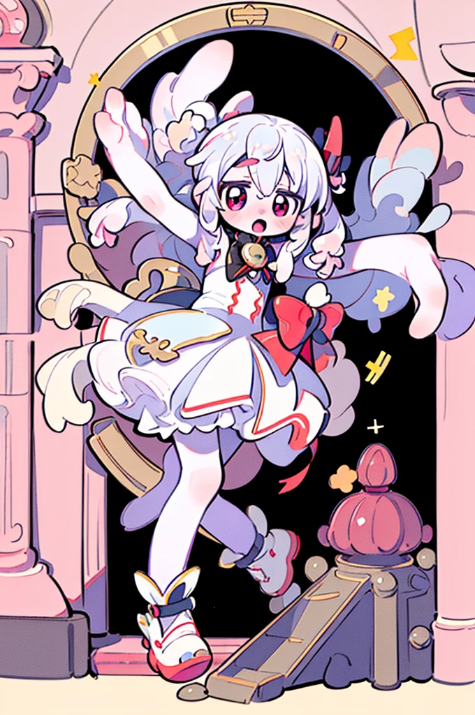 absurd, absolute resolution, incredibly absurd, super high quality, super detailed, official art, Unified 8K wall, MasterpieceBREAK One , Innocent, little devil, small, young toddlers, blush,long white hair,Pale pink eyes