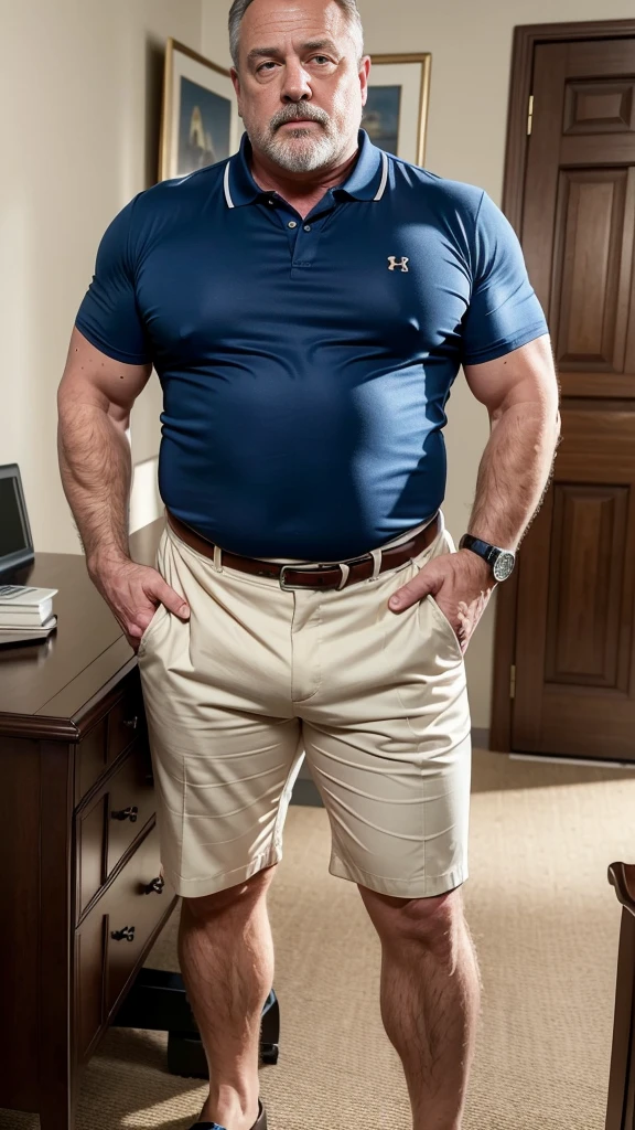 (best quality,4k,8k,highres,masterpiece:1.2), age 60, white man detective , horny disgusting, muscular chubby, kind, open blue polo shirt , mature daddy,black Dress Pants with big hard bulge, hairy chest hard nipple, belt, loafer,