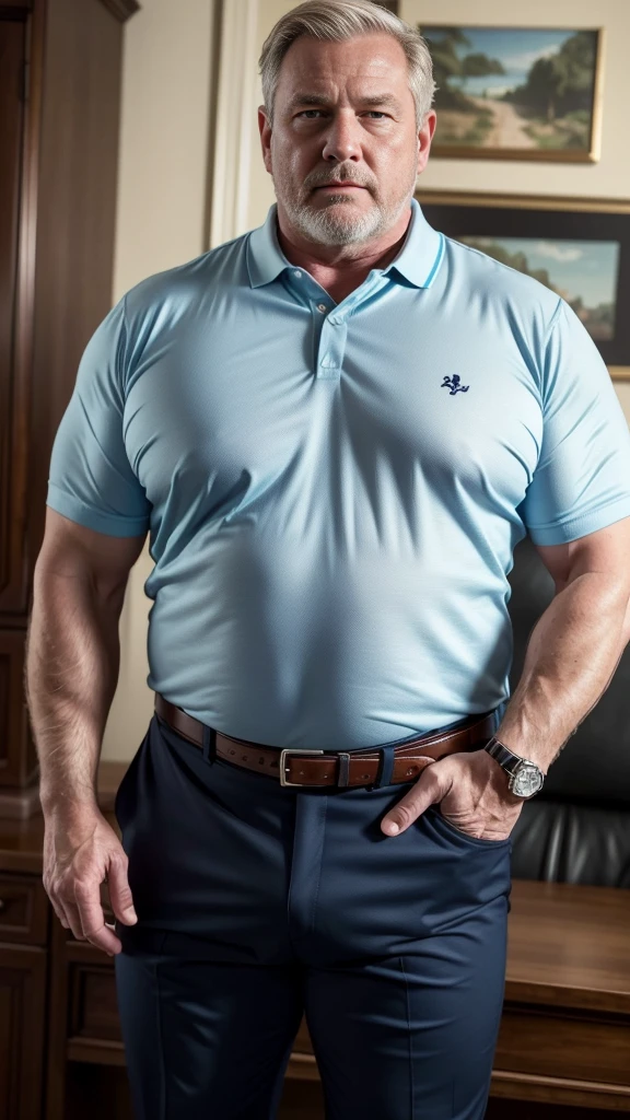 (best quality,4k,8k,highres,masterpiece:1.2), age 60, white man detective , horny disgusting, muscular chubby, kind, open blue polo shirt , mature daddy,black Dress Pants with big hard bulge, hairy chest hard nipple, belt, loafer,