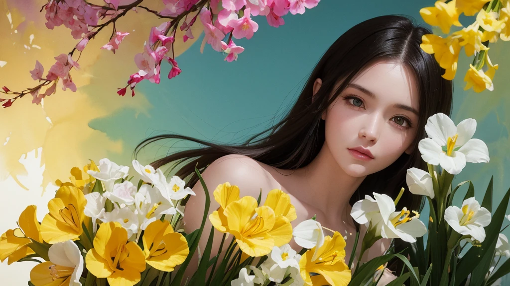 32k, Masterpiece, Highest quality, One girl, Detailed eyes, flower,gladiolus, Yellow and pink style,A dreamy, romantic piece,Pale yellow, Mysterious Leaves,A playful arrangement,Fantasy,High Contrast,Ink strokes,explosion,Exposure, Impression of yellow and white tones,Abstract,((Watercolours by John Berkey and Jeremy Mann )) Brush strokes,Negative Space, Tyndall effect,