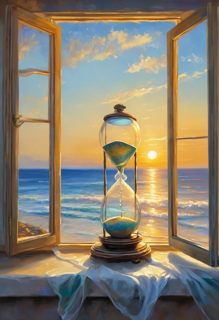 An oil painting,Great view from the window,sunrise,Ocean,horizon,peaceful,An hourglass is placed on the windowsill