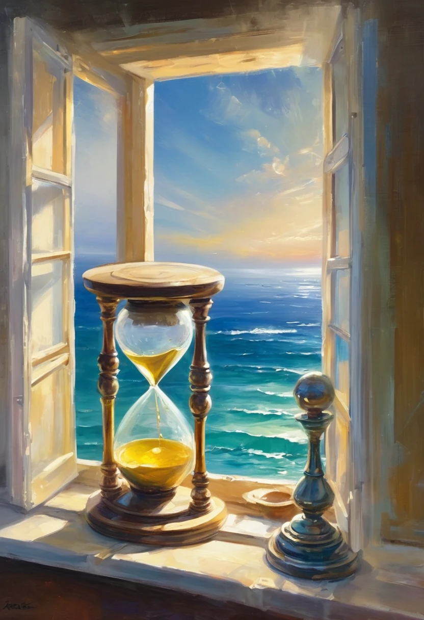 An oil painting，Great view from the window，sunrise，Ocean，horizon，peaceful，An hourglass is placed on the windowsill