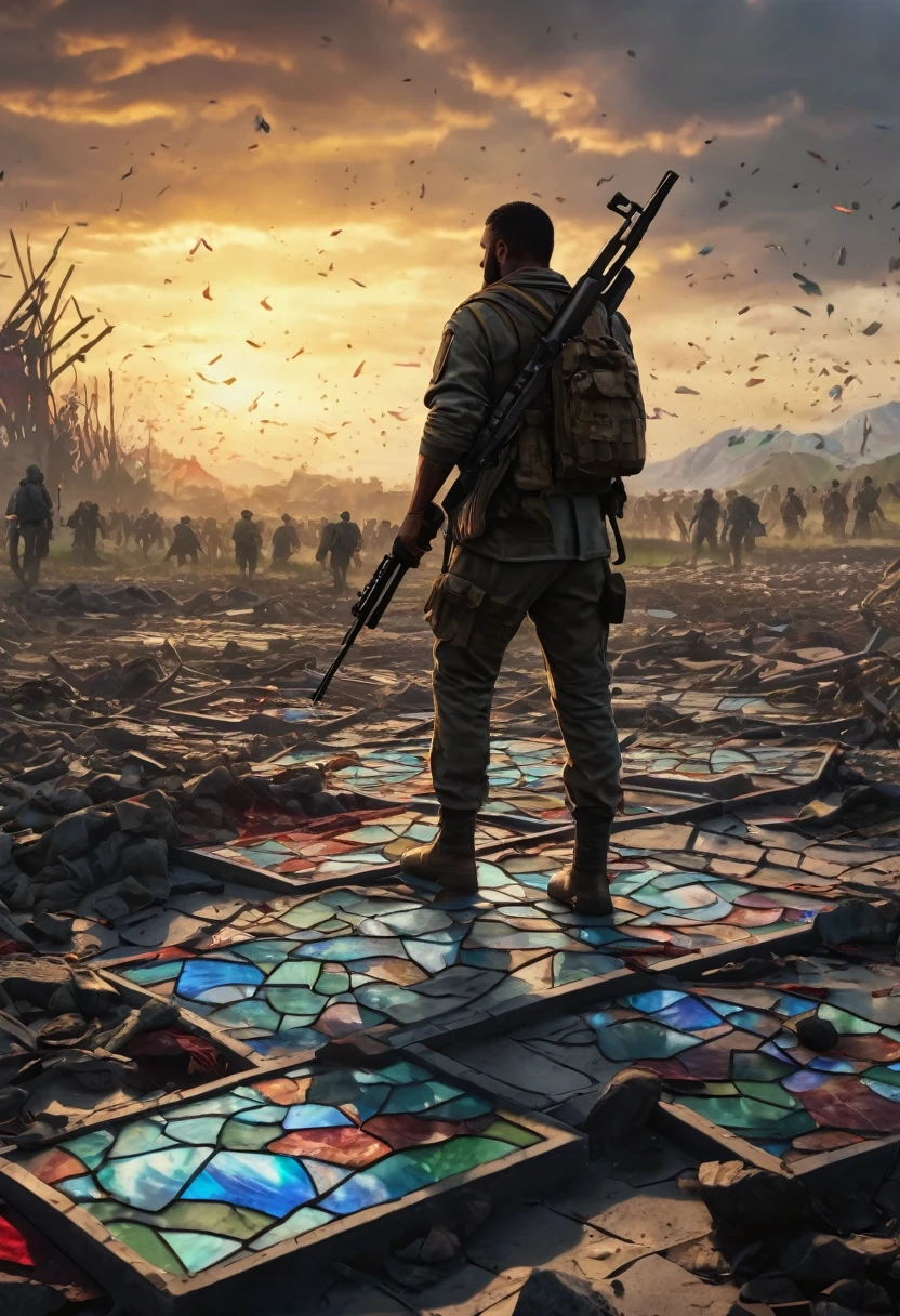 Stained glass art depicting a lone man standing on a battlefield surrounded by fallen men., Call of duty style, ultra realistic, 4k (Thumbnail for youtube)
