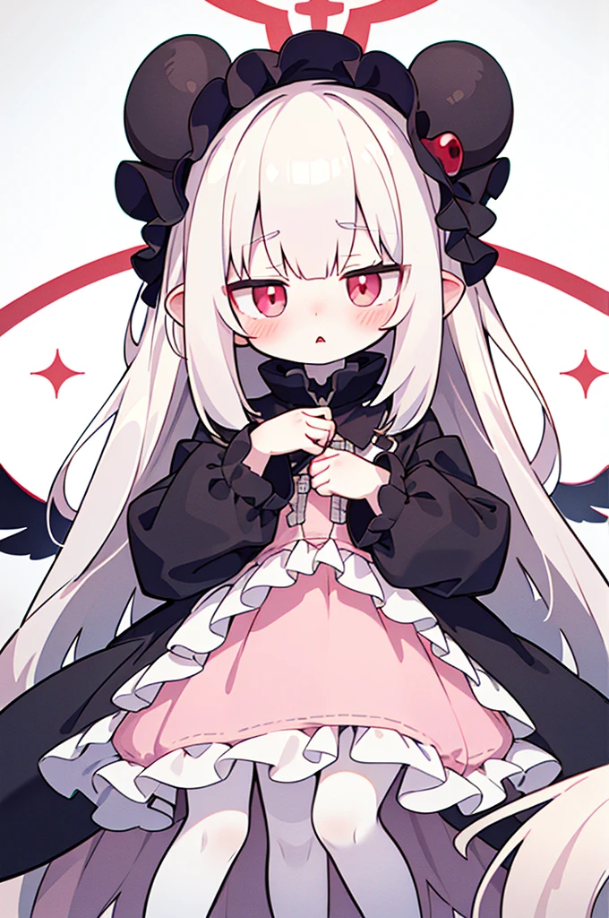 Red eyes, white hair,Smooth skin,Wearing a black dress,black pantyhoses,Black shoes,In a house,Smiling and sitting on the bed,Doing splitting