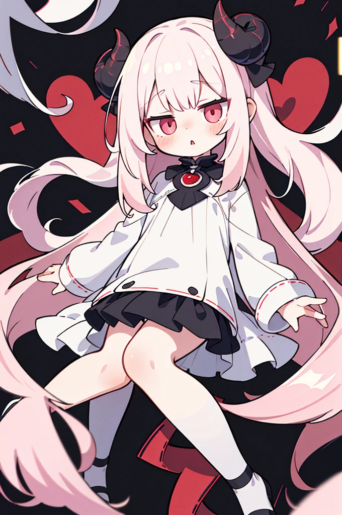 absurd, absolute resolution, incredibly absurd, super high quality, super detailed, official art, Unified 8K wall, MasterpieceBREAK One , Innocent, little devil, small, young toddlers, blush，long white hair，Pale pink eyes