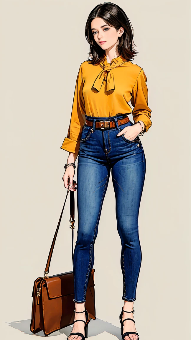 ((best quality,4k,highres,masterpiece:1.2)),((character concept art)), 1 female, age 17. For a casual weekend outfit, (((she's dressed in a relaxed yet chic ensemble by Hermes. She's wearing a simple white Hermes silk blouse paired with the brand's iconic high-waisted, belted denim jeans))). The outfit is completed with a pair of comfortable Hermes Oran sandals, perfect for a casual weekend outing. Her accessories include a classic Hermes Evelyne cross-body bag and a stylish Hermes enamel bangle. Despite the casual nature of her outfit, her style exudes an air of effortless elegance and sophistication that is characteristic of the Hermes brand. ((intricate detail)), super finely detailed hands, ultra finely detailed fingers(((ten fingers))), (standing casually), (full body showcase), (show full body), (no logos on background), (no logo), ((plain background)), ((plain background)), (((empty background))).
