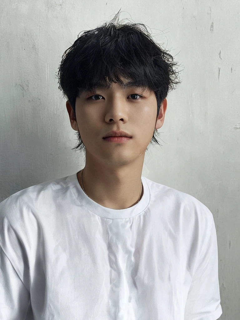 Best Quality, 8k, Masterpiece, (Portrait: 1.3), (photo realistic:1.4), (hyper realistic:1.4), Sharp Focus, looking at viewer, (smoother lighting:1.1), (increase cinematic lighting quality:0.9), realistic lighting, backlighting, light on face, ray trace, (brightening light:1.2), (Increase quality:1.4), sharp detail, (best quality real texture skin:1.4), finely detailed eyes, black_eyes, finely detailed face, 25 year old Korean man, (white formal_shirt:1.4), (Create an image maintaining the original base model hairstyle:1.5)