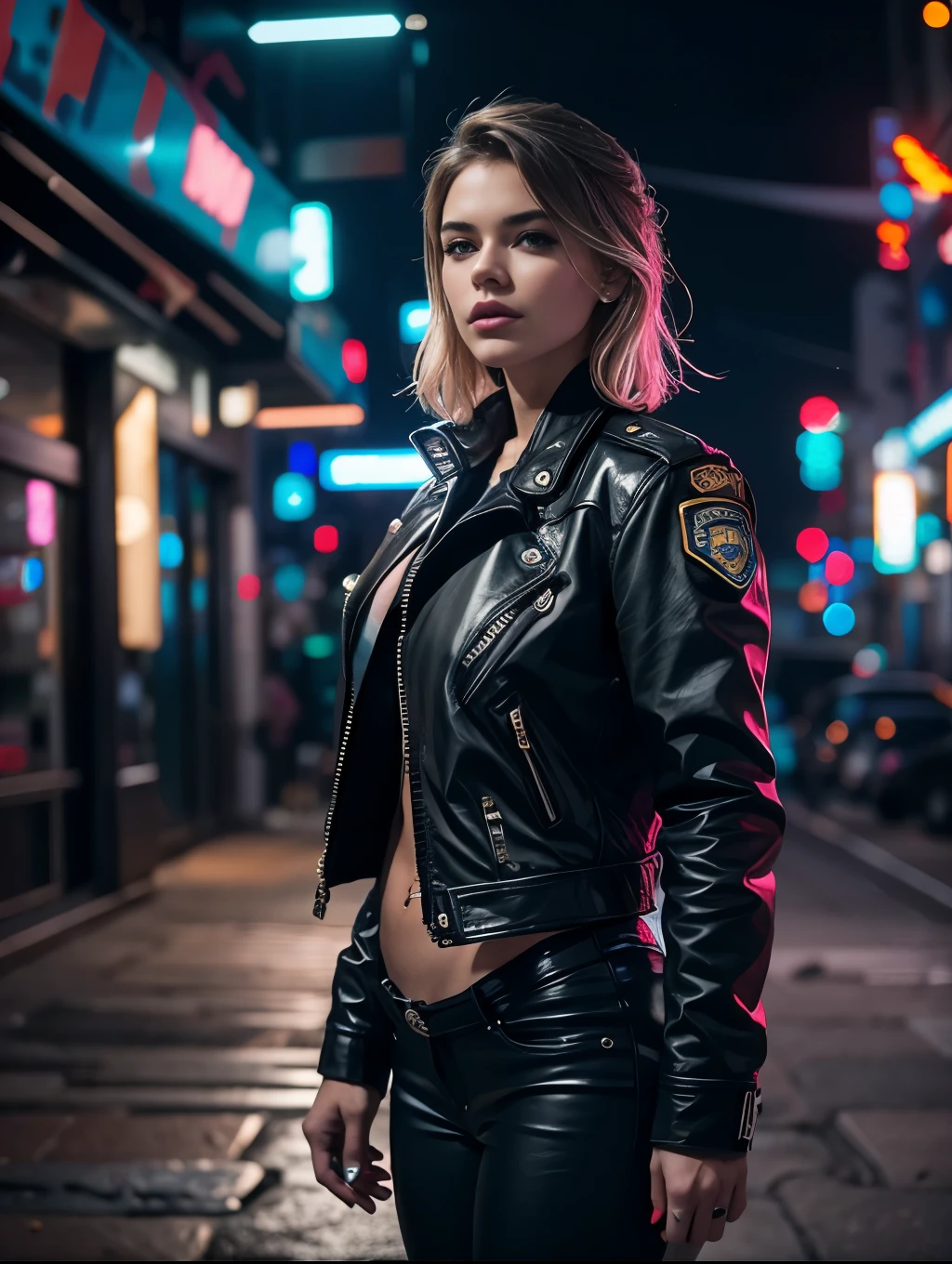 Portrait of an ultra hot gorgeous European woman. Age 23. emb-haiz, beautiful face, in cyberpunk city at night. She is wearing a leather open jacket,lingerie, black jeans, dramatic lighting, (police badge:1.2).