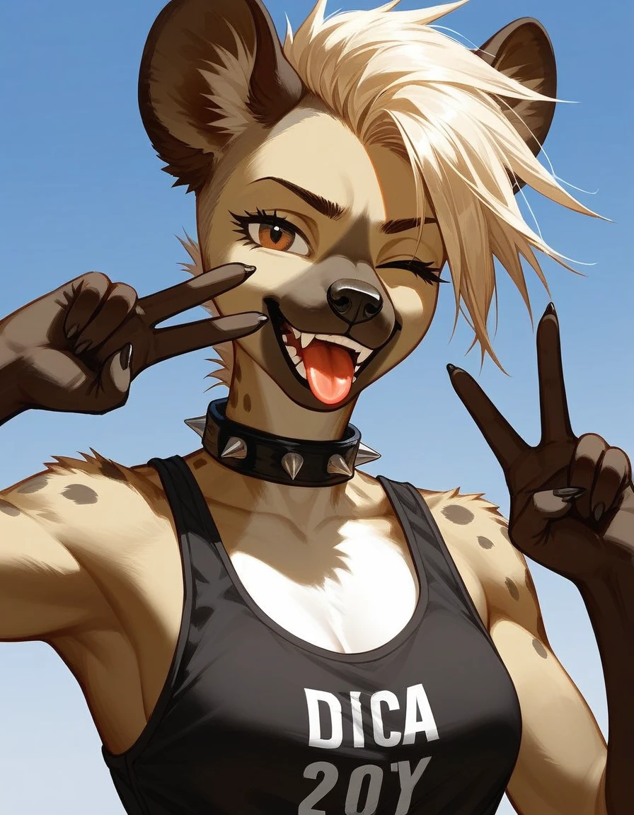 Solo, score_9,score_8_up,score_7_up, source_furry, a tall female spotted hyena, brown snout, black nose, brown eyes, short spiked undercut platinum blonde hair, black lips, hyena tail, brown hyena ears, winking, tongue out, holding up peace sign, wearing black athletic top, spiked collar, athletic body, portrait,