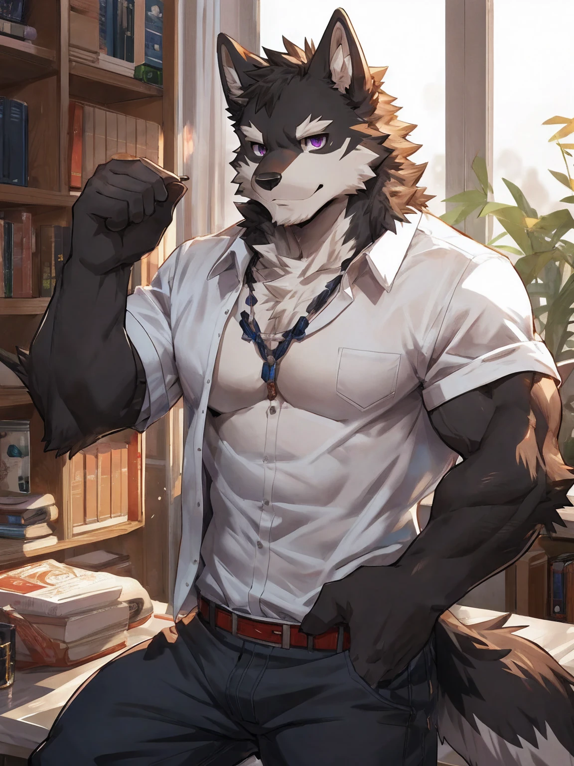 embedding:black wolf, male,purple eyes,Scar on the face, scar on the body,Single person,The fur on the chest and abdomen is white.Inside the apartment,Elder brother.Modern apartment, clean and tidy.casual Shirt,Casual pants,Formal, everyday,A mild expression,Maturity,The highest quality of scene detail,adult,Tall and powerful,muscle,Best quality hands, best quality eye,detailed fur,Delicate eyes.Extreme picture quality,by sollyz,by zixiong,by milkytiger1145