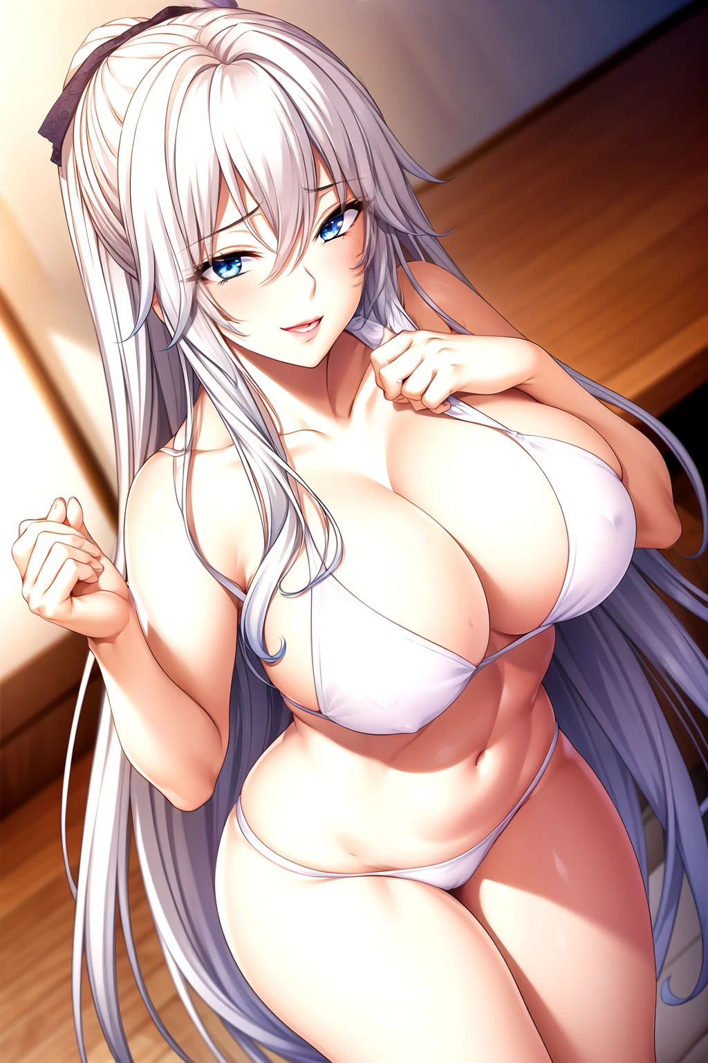 Swimsuit, Full body pictures, white hair,blue Eye,long hair, 1 girl, 25 years old,Young women,beautiful Finger,beautiful long legs,beautiful body,beautiful Nose,beautiful character design, perfect Eye, perfect Face,expressive Eye,perfect balance, looking at the audience,(Focus on her Face),shut up, (Innocent_Big goals_Eye:1.0),Light_Smile, Official Art,Very detailed CG unity 8k wallpaper, Perfect lighting,rich and colourful, bright_front_Face_Lighting,Light skin, (masterpiece:1.0),(the best_quality:1.0), Ultra-high resolution,4K,Very detailed, photography, 8K, HDR, high resolution, absurdists:1.2, Kodak Portrait 400, Film Grain, Blurred background, bokeh:1.2, Lens Light Halo, (Full of energy_colour:1.2),Professional photographer, (beautiful,Chest:1.3), (beautiful_Face:1.5),(narrow_waist),Smile, Happy