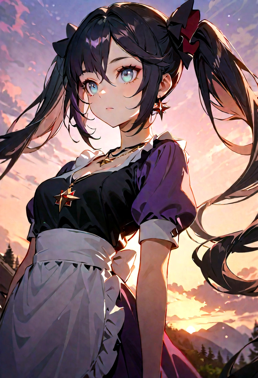 sun_rise,1 girl, looking at the sky, alone, Mona (Genshin Impact), necklace, hair between eyes, stars (symbolic), long hair, deep purple hair, twin tails, blue eyes, shiny eyes, jewelry, witch, maid, bangs, purple-black dress, purple skirt, white apron, landscape, sunrise time, (best quality,4k,8k,highres,masterpiece:1.2),ultra-detailed,HDR,UHD,studio lighting,ultra-fine painting,sharp focus,physically-based rendering,extreme detail description,professional,vivid colors,bokeh,portrait