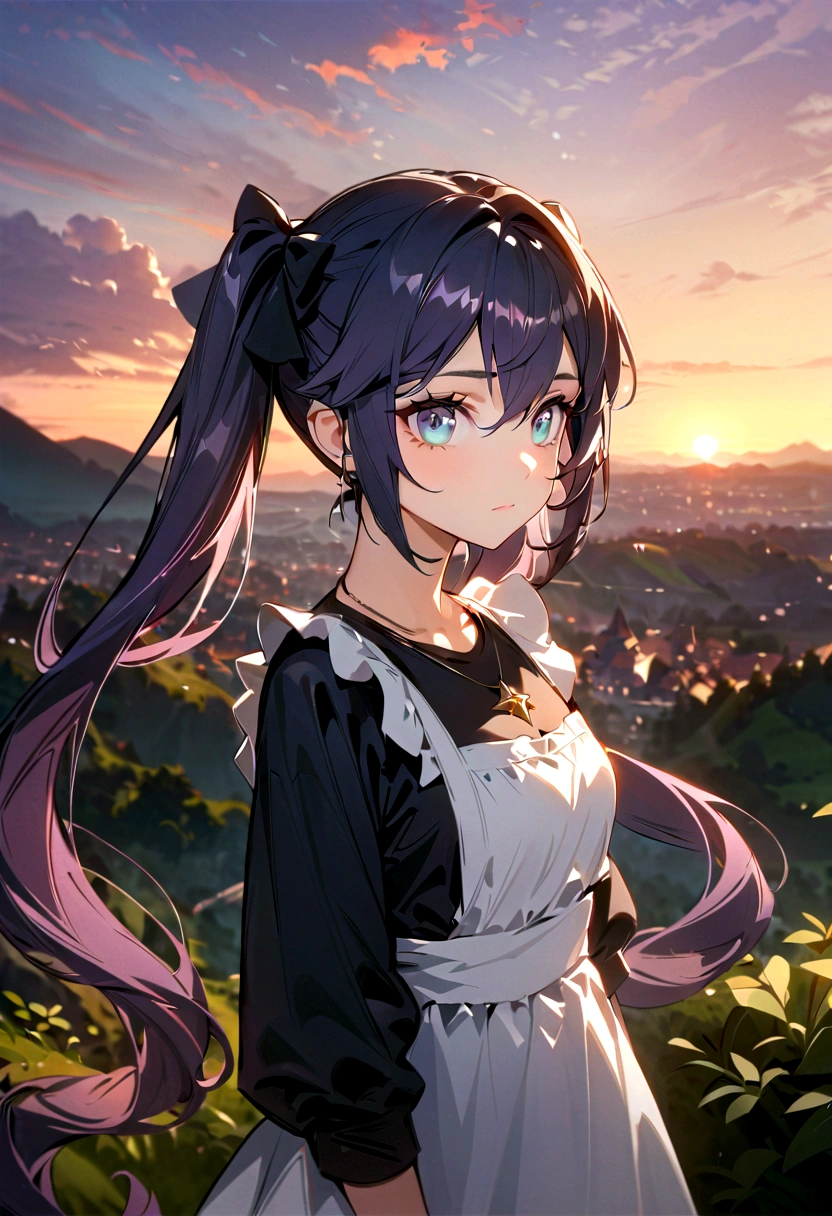 sun_rise,1 girl, looking at the sky, alone, Mona (Genshin Impact), necklace, hair between eyes, stars (symbolic), long hair, deep purple hair, twin tails, blue eyes, shiny eyes, jewelry, witch, maid, bangs, purple-black dress, purple skirt, white apron, landscape, sunrise time, (best quality,4k,8k,highres,masterpiece:1.2),ultra-detailed,HDR,UHD,studio lighting,ultra-fine painting,sharp focus,physically-based rendering,extreme detail description,professional,vivid colors,bokeh,portrait