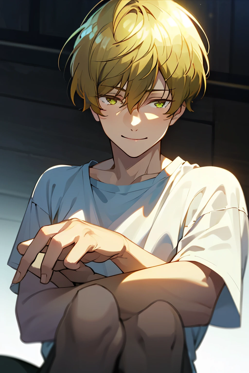 masterpiece, best quality, high quality, 1boy, solo, male focus, looking at viewer, upper body, takahiro_mizusawa, ((golden eyes)), ((blonde hair)), jewelry, hair between eyes, light smile，realistic, white T-shirt，gradient eyes，cheerful，smile，crouching，Hands covering face, peeking through fingers，