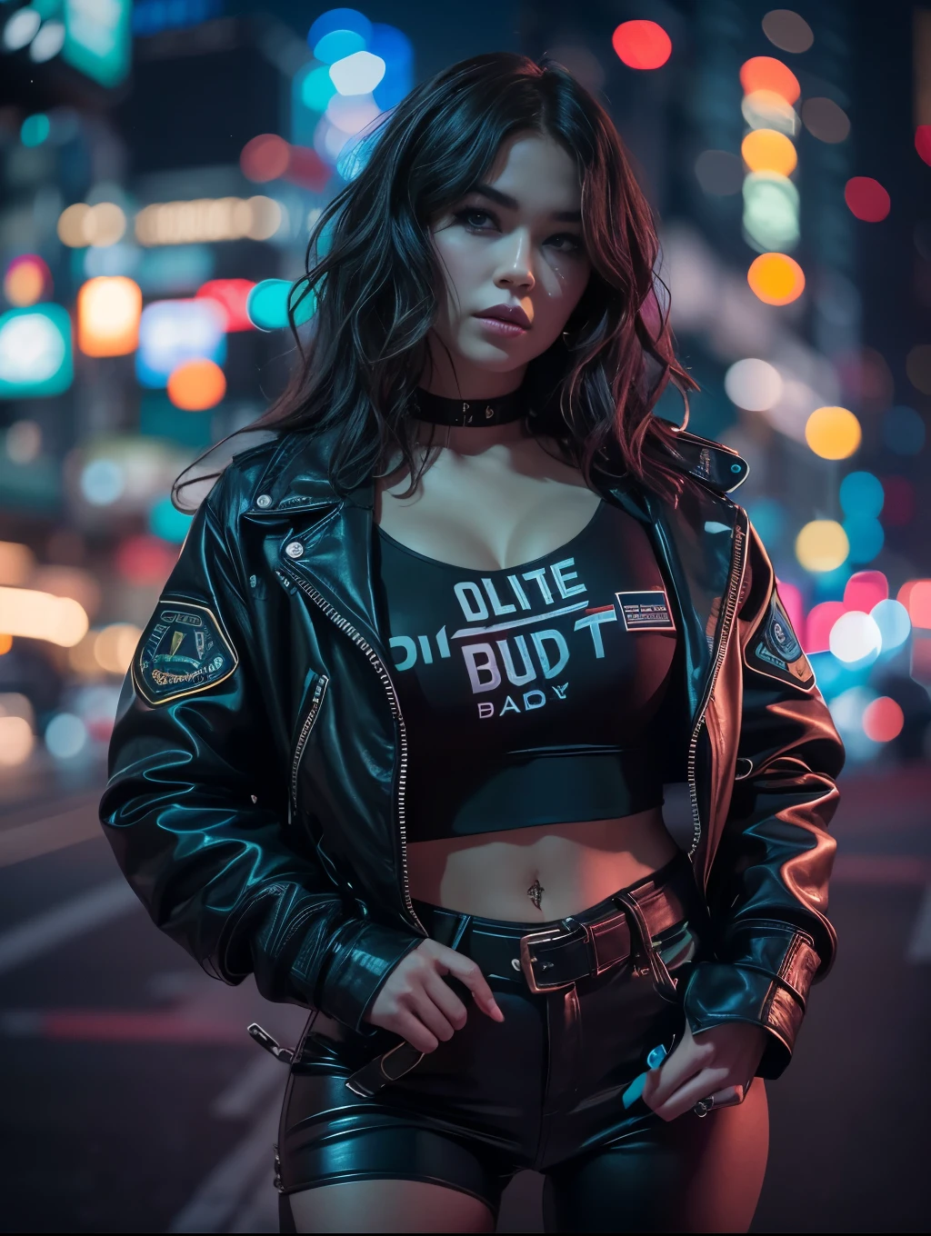 Portrait of emb-haiz, beautiful face, in cyberpunk city at night. She is wearing a leather open jacket,lingerie, black jeans, dramatic lighting, (police badge:1.2).