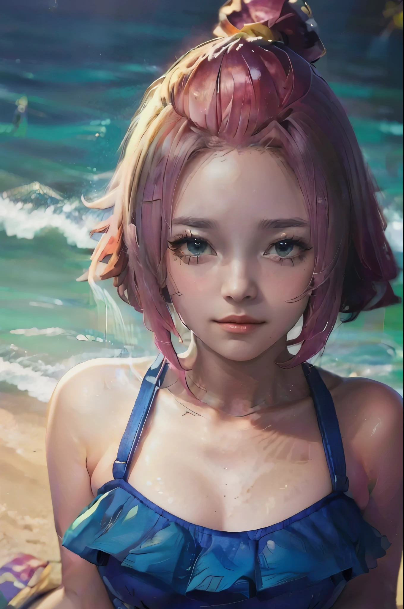 1girl, long pink hair, blue bikini, summer beach scene, tropical palm trees, ocean waves, sand, sunlight, photorealistic, highly detailed, cinematic lighting, vibrant colors, (best quality,8k,highres,masterpiece:1.2),ultra-detailed,(realistic,photorealistic,photo-realistic:1.37) naughty