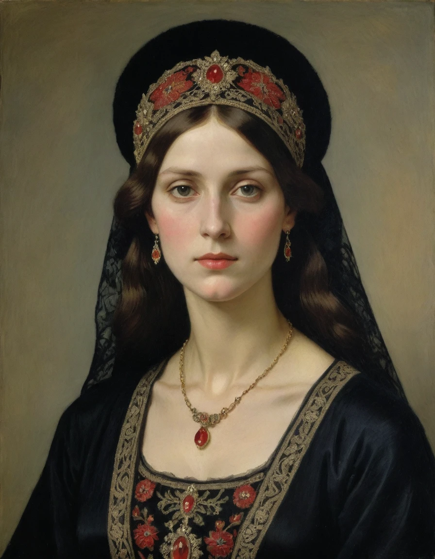 Design me a {{Colossal Masterpiece, high detail}}, a ((((Half body portrait)))), ((by Léon Bakst)), ((by Caspar David Friedrich), the composition is: (a powerful noblewoman, bronze skin, tanned, dignified, sensual, facing viewer. She is wearing a fur hat and a lace face veil. She is wearing a black Byzantine caftan with Mughal elements, embroidered Slavic elements, sashes, red diamond pendant)