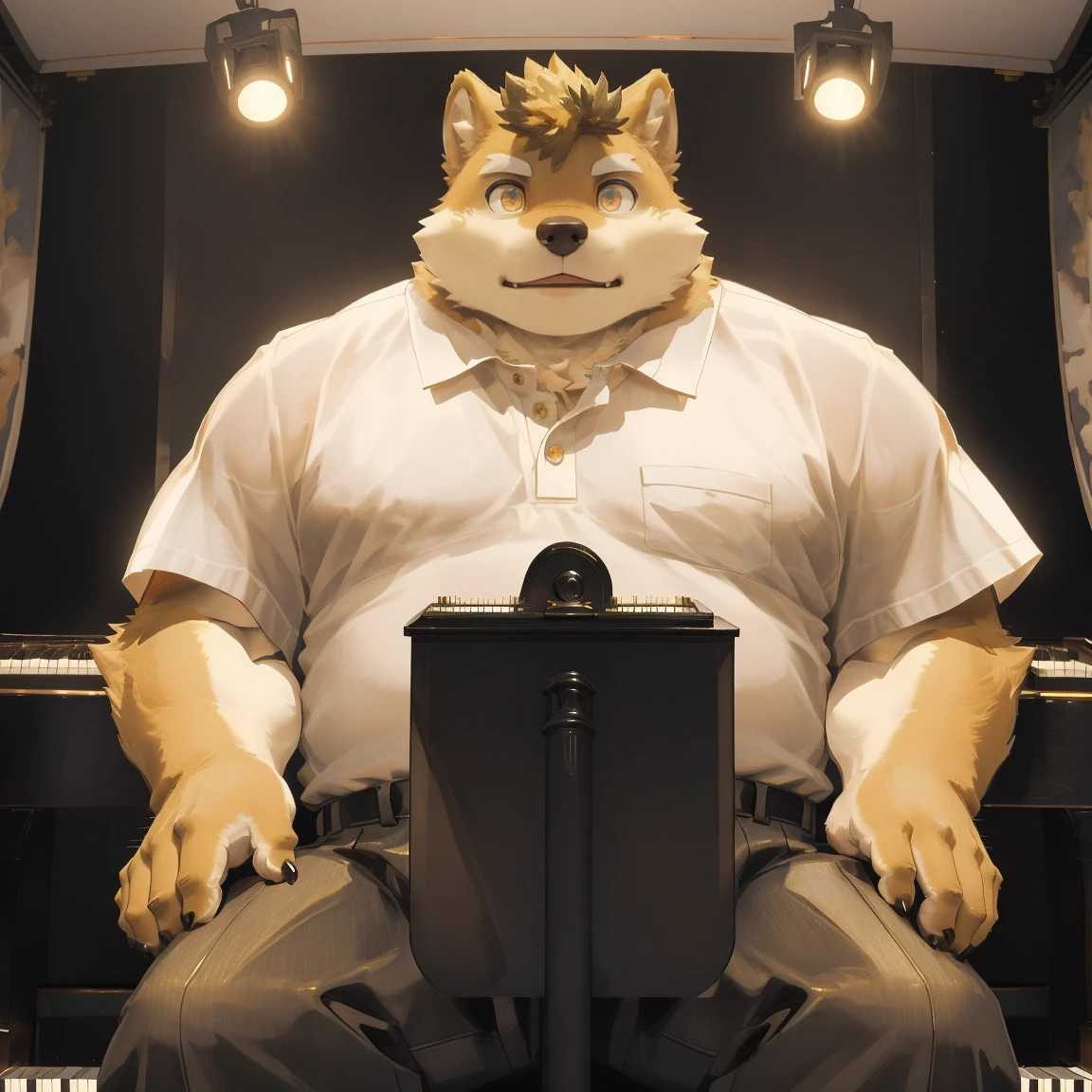 masterpiece, best quality, 8k resolution, Very detailed, hairy，Shiba Inu，(Black hair)，(((golden fur)))，(((Golden Eyes)))，Chubby，Chubby face，(((White shirt)))，(((Loose shirt)))，((Black pants))，Highest quality scene，(((Solitary)))，(((solitary)))，((弹piano))，((light))，(((piano)))，(((earnest)))，(((Round face)))，(((whole body)))，(((Medium shot)))，(((stage)))