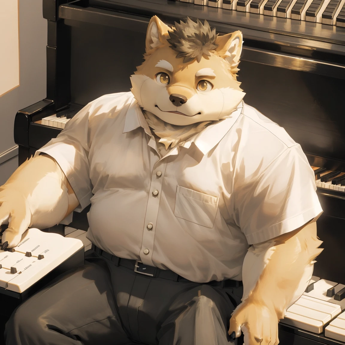 masterpiece, best quality, 8k resolution, Very detailed, hairy，Shiba Inu，(Black hair)，(((golden fur)))，(((Golden Eyes)))，Chubby，Chubby face，(((White shirt)))，(((Loose shirt)))，((Black pants))，Highest quality scene，(((Solitary)))，(((solitary)))，((弹piano))，((light))，(((piano)))，(((earnest)))，(((Round face)))，(((whole body)))，(((Medium shot)))，(((stage)))