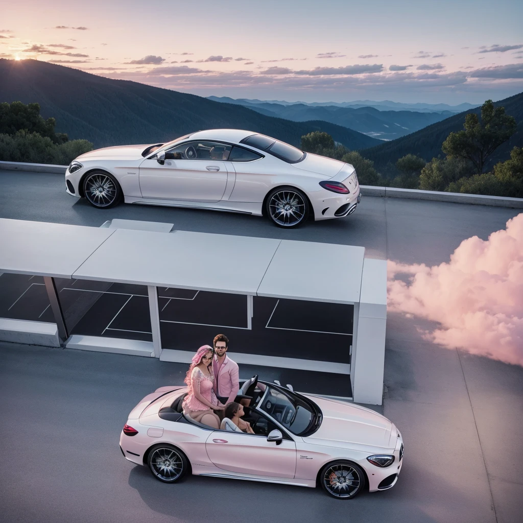 You can create a photo of a white Mercedes Benz luxury car, and a man and a woman inside the car, at a viewpoint, with pink clouds