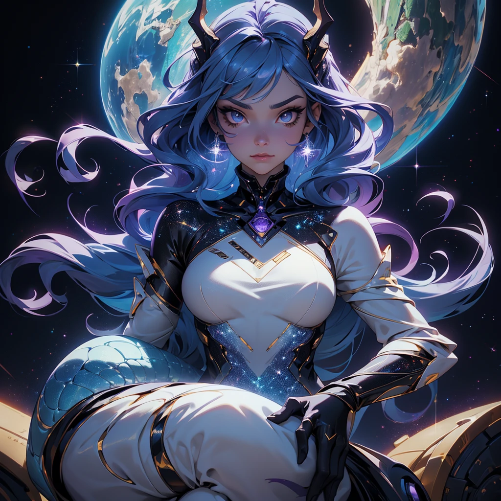 A space dragon sitting at the edge of the universe, lonely, sad, void, stars, the stars mixed in the sea, a sea of stars, ethereal woman, Blue and purple hair , space buns, space outfit, white black and gold outfit, golden dragon horns and tail, space outfit, space suit, mass effect suit, perfectly drawn face, black dress, stars detailed background, prismatic lighting, glitter, whole body, walking on the stars with crystal shoes A beautiful dragon humanoid woman with space hair of variant shades of blue and purple with space buns in hair , Golden scanes on the face and shoulders, Anime, 4k, Beautiful woman with a golden dragon tail and horns, Space hair, Floating in space, Vintage space Attire, floating through space, dancing, havign fun, Space Witch, Witch, Older woman, Toned physique, long hair with side bangs, humanoid face with scales, human with dragon horns and tail, witch outfit, body suit, thigh boots, wearing black, white and gold, blue hair, purple hair, Woman in space with water rippling reflecting the night sky, space and water mixed today, dancing in space, floating, ethereal dragon at the edge of the universe, end of the universe
