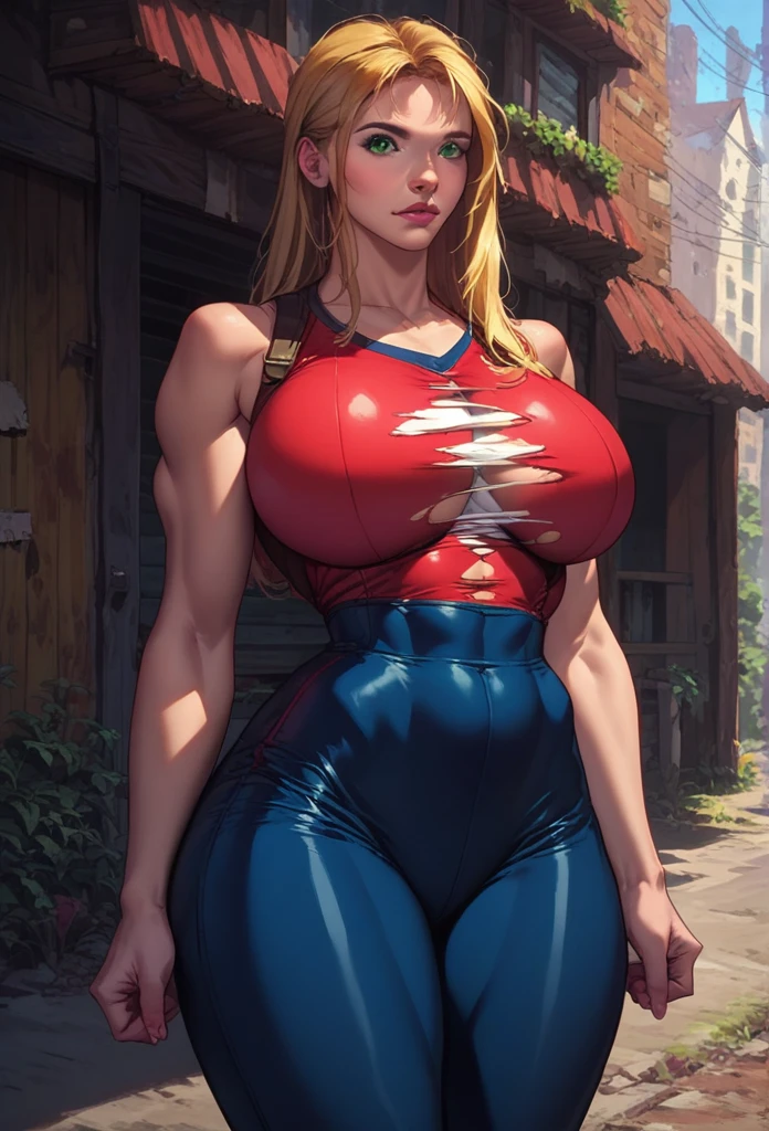 score_9, score_8_up, score_7_up, score_6_up, explore, 1girl, solo, woman, 21 year old female, muscular, huge breasts, curvy hips, tight waist, green eyes, blonde hair, long hair, ripped clothes, NSFW, deserted town, western, outdoors, realistic, sunlight, vibrant colors, masterpiece, action lines, hard_surface,
1960s \(style\), classic ad, fallout, detailed_background,