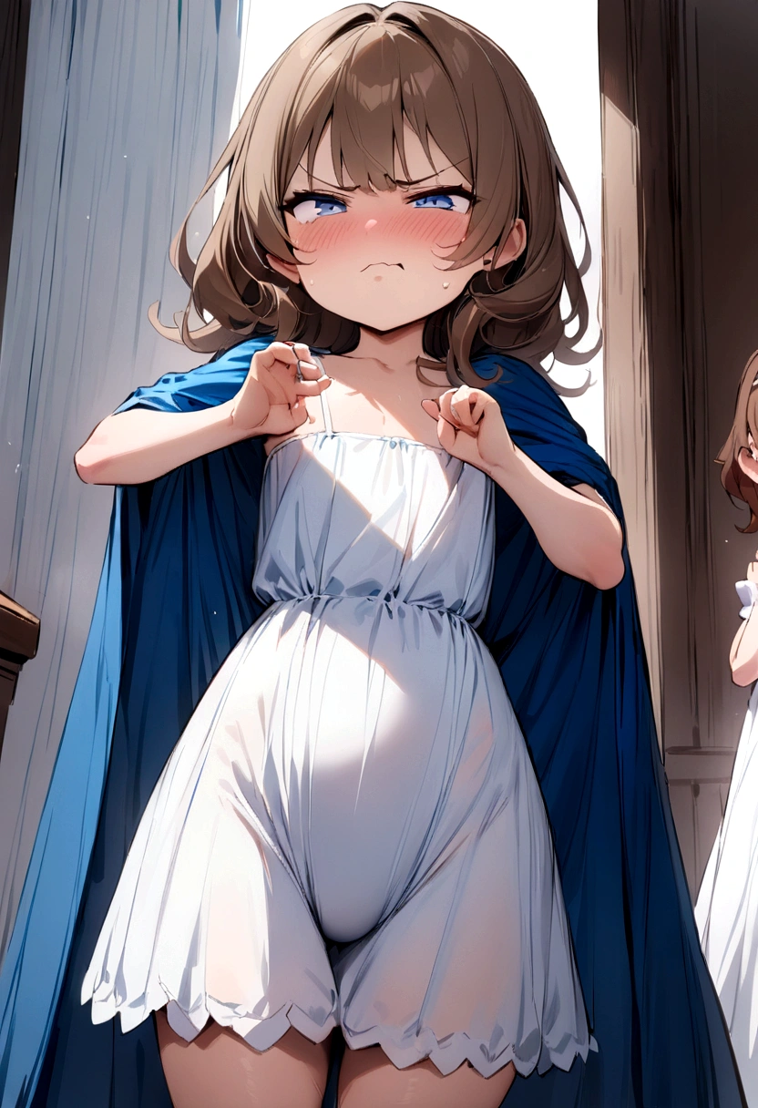 ((Masterpiece)), (((best quality))), hips wide open, ((blue colour eyes)), (((long brown hair))), ((shot White dress)), (()), (Annoyed face), (cute), ((blue silk robe))