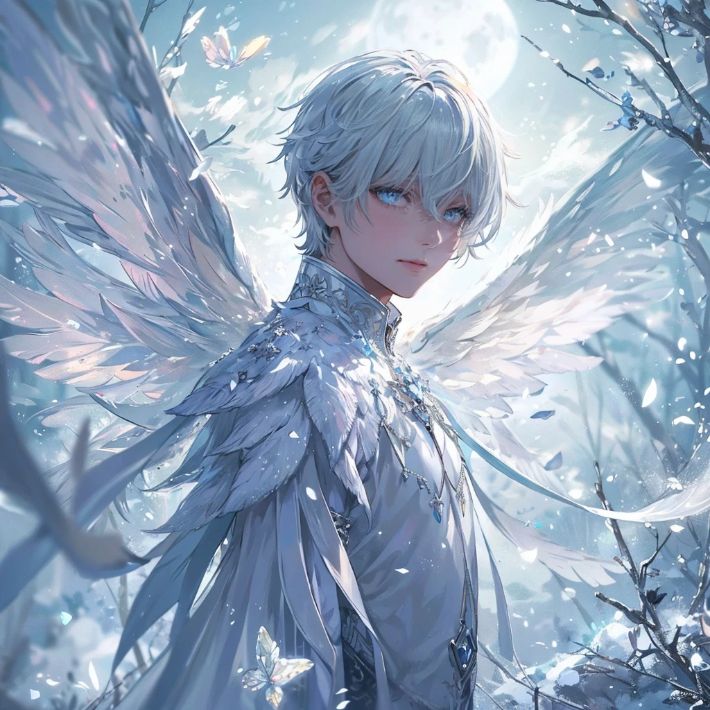 An ethereal young man embodying a snow fairy, with delicate, translucent wings shimmering in the light of a full moon. He’s in a snowy landscape, surrounded by sparkling snowflakes. His hair is silver-white, flowing gently in the cold breeze, and his eyes are a piercing ice blue. His attire is a mix of silvery-white and light blue fabrics that resemble layers of frost and ice, complementing his otherworldly beauty. The scene exudes a serene and magical aura, under a starlit winter sky