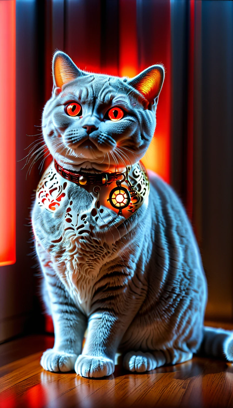 There is no one, realistic photo, realism, British Shorthair (British Shorthair) cat, future oriented, metal decoration, Shining red light inside, hollow interior, Polish, ray tracing, perfect composition, intricate details, Very sharp, masterpiece, profile, high resolution