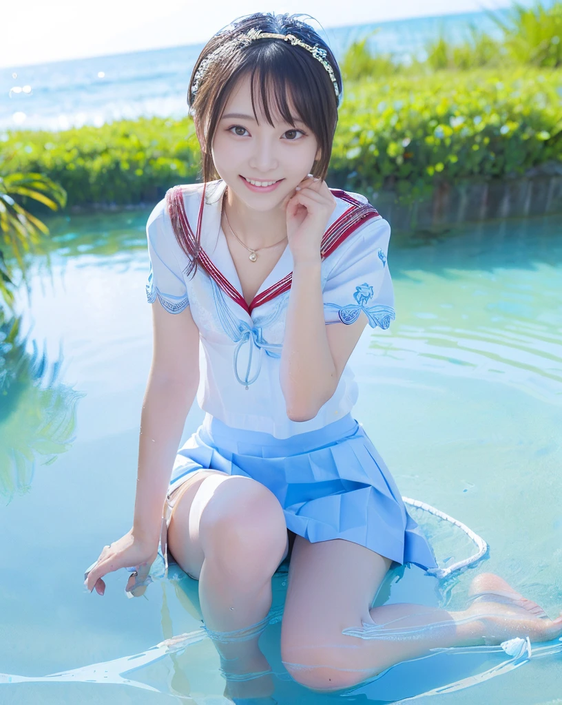 (NFSW)、(High resolution:1.5)、Highest quality,Very detailed,masterpiece,Super detailed,alone,(One 12 year old girl),((Summer School Uniforms:1.5)), Seraphim, ((skirt:1.5)),  smile, Thigh fetish images: 1.5、(((barefoot)))、(Her thighs and white bikini reflected in the clear blue water)、(reflected in water:1.5)、((I can see the white string panties:1.5))、(Cleavage)、((Clear blue seawater))、Summer sun、はしゃいだsmile、Beautiful Eyes、(pull-out-panties)、(Panties on knees)、Big necklace and tiara、The water is marine blue、