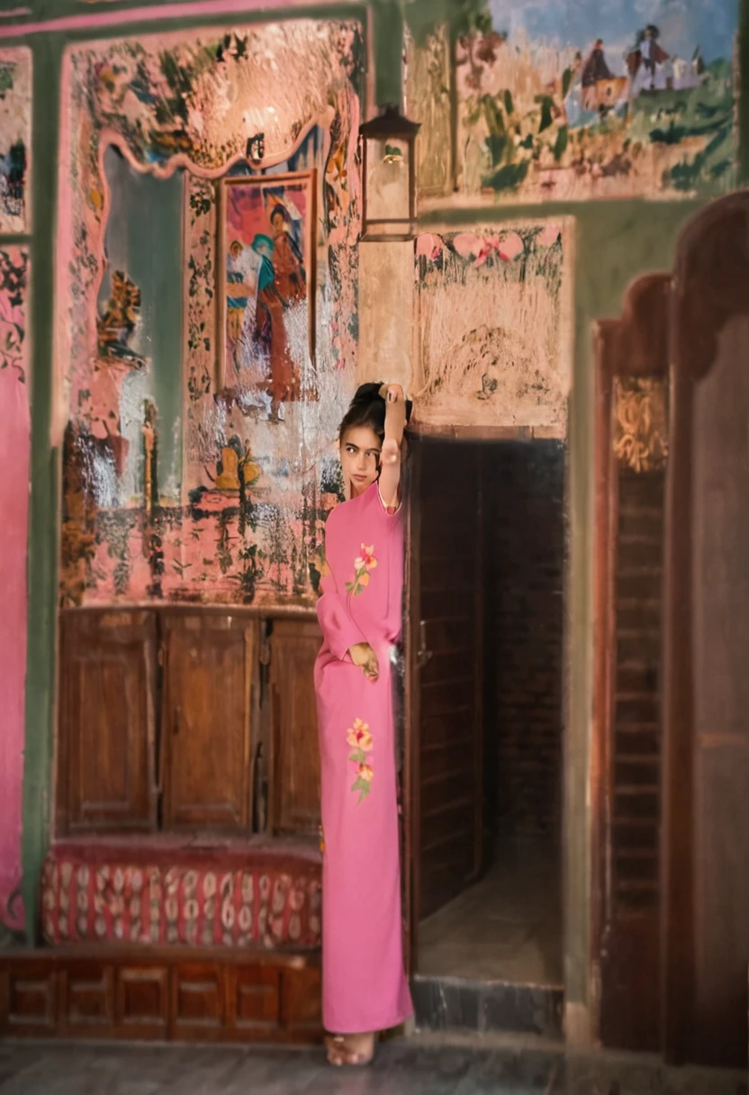 A Vietnamese girl stands with her arms crossed in house, Pink Ao Dai, Highly realistic photo, Portrait of a 20 year old Vietnamese young girl,
