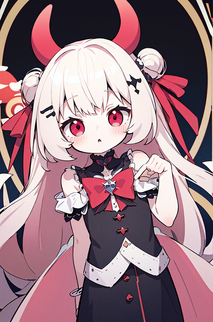 absurd, absolute resolution, incredibly absurd, super high quality, super detailed, official art, Unified 8K wall, MasterpieceBREAK One , Innocent, little devil, , youngsh,long white hair,Pale pink eyes
