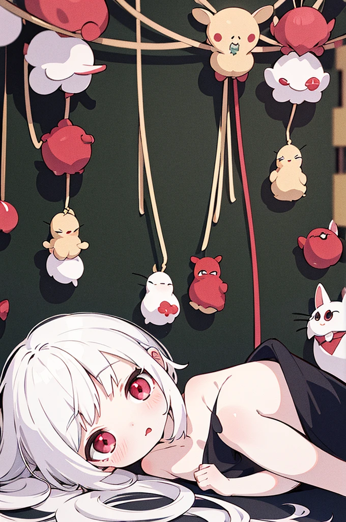 absurd, absolute resolution, incredibly absurd, super high quality, super detailed, official art, Unified 8K wall, MasterpieceBREAK One , Innocent, little devil, small, young toddlers, blush,long white hair,Pale pink eyes