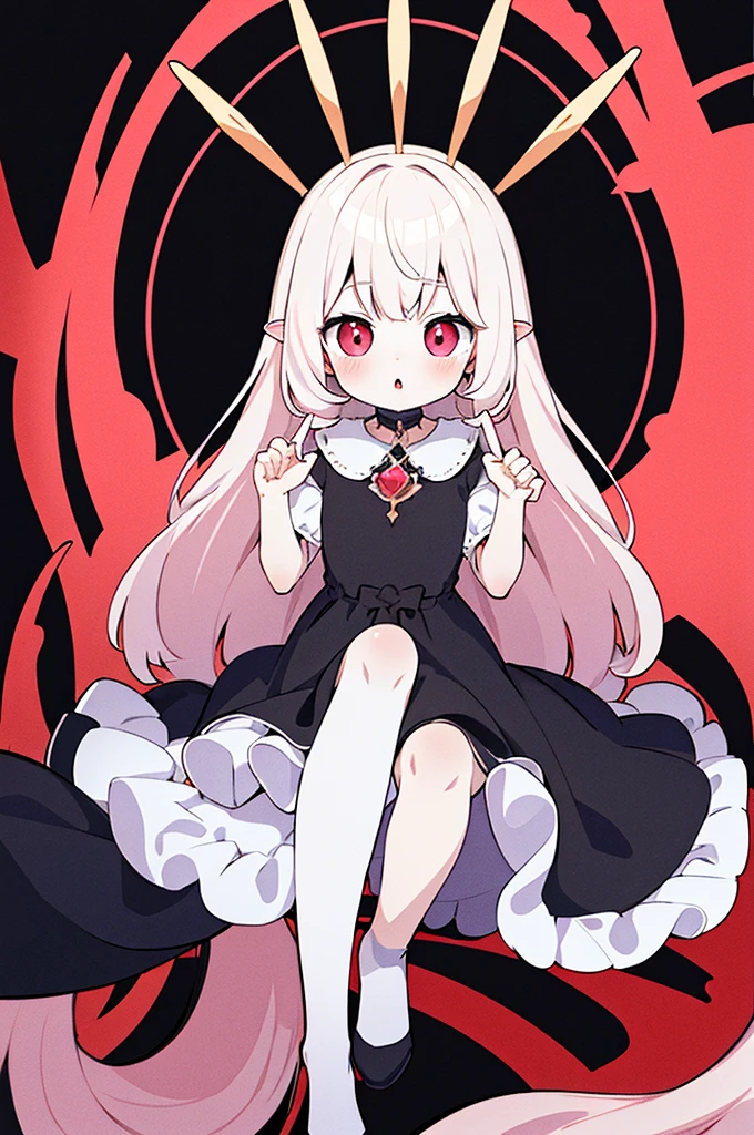 absurd, absolute resolution, incredibly absurd, super high quality, super detailed, official art, Unified 8K wall, MasterpieceBREAK One , Innocent, little devil, small, young toddlers, blush，long white hair，Pale pink eyes