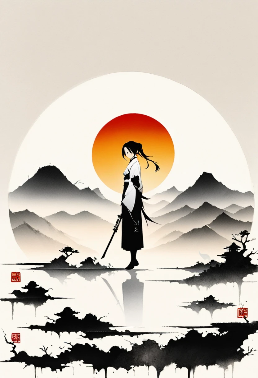 Artistic ink painting,Three-dimensional ink painting,Minimalism,Minimalist graphics,Minimal Art,Chinese anime girls,whole body,Chinese style,antiquity,Ink Painting,sunrise,Distant Mountains,Black and white background,古韵White Space,White Space,大面积White Space,Texture Matte,Low saturation,Minimalist composition,Master composition