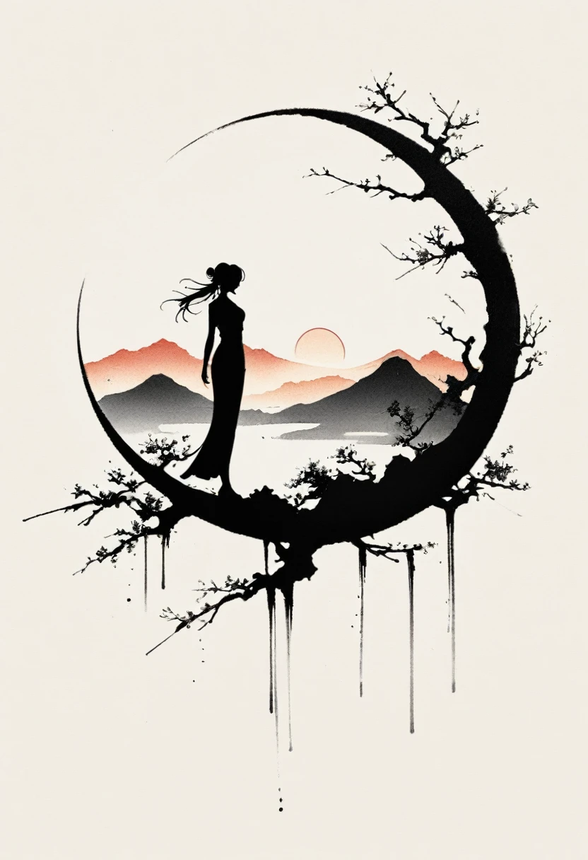 Artistic ink painting,Three-dimensional ink painting,Minimalism,Minimalist graphics,Minimal Art,Chinese anime girls,whole body,Chinese style,antiquity,Ink Painting,sunrise,Distant Mountains,Black and white background,古韵White Space,White Space,大面积White Space,Texture Matte,Low saturation,Minimalist composition,Master composition