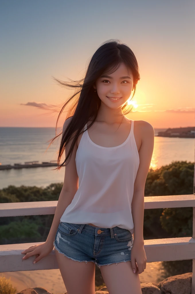 One girl, Photo Model, smile, Focus on your audience, Beautiful lighting, Highest quality, masterpiece, Ultra-high resolution, Realistic, Black Hair, Short tank top, Shorts, Long Stockings, Medium chest, White skin,( Sunset background:1.4)