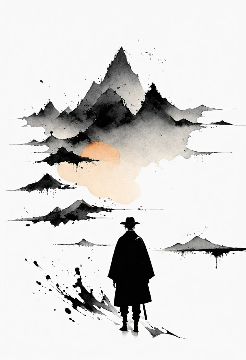(Lots of white space:1.5)，(Lots of white space around:1.6), White background, simple, Minimalism, abstract,Freehand，Aesthetic，black and white，Ink Painting，antiquity，sunrise，a mountain，A person far away